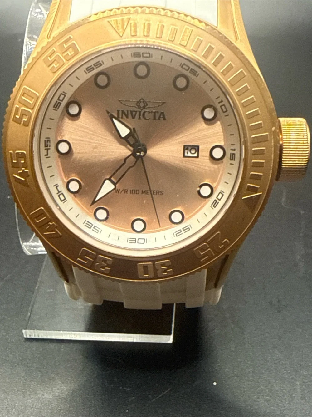 Invicta Gold Bezel Rose Gold Dial White Strap Watch